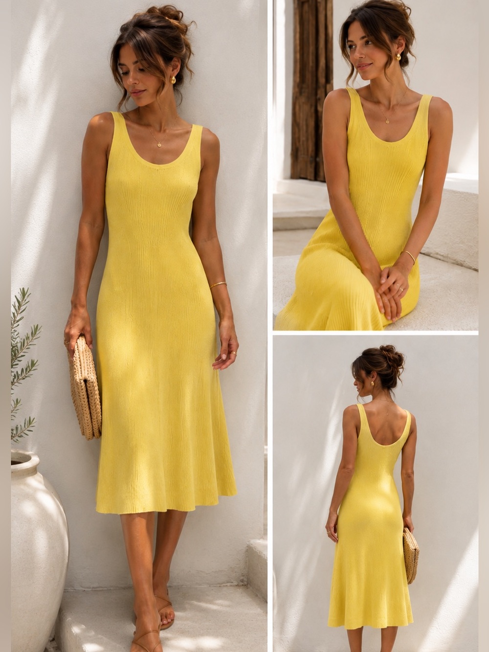 Massimo Dutti Yellow Ribbed Knit Midi Dress